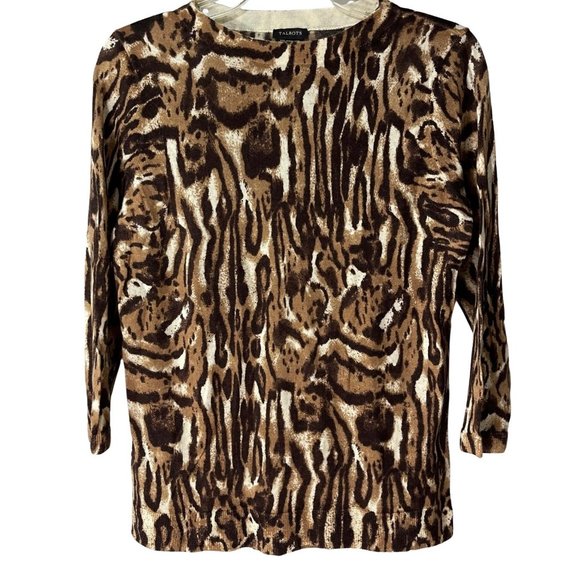 TALBOTS Womens 100% Merino Wool Animal Print 3/4 Sleeves Sweater Top Size L - Picture 1 of 3